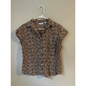 90s Liz Claiborne Petite Brown Abstract Print Button Up Indie Sleeze Retro - Bild 1 von 6