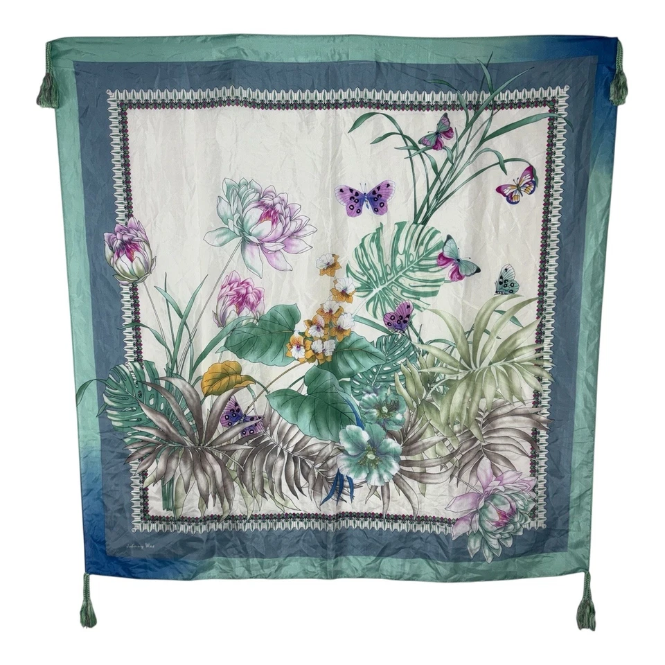 Cachecol de seda Johnny Was borboletas estampa tropical floral borlas verdes azuis - Imagem 1 de 4