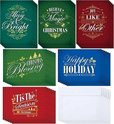 OUTUS 72 Pieces Christmas Boxed Cards Holiday Bulk red, green, blue