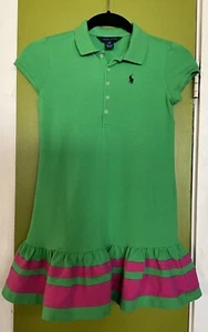 Ralph Lauren Ruffled  Polo Tennis Dress Green Hot Pink Long Sleeve Girls M 8/10 - Picture 1 of 15