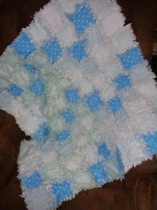 BABY TOT HANDMADE BLUES WHITE DOTS CHECK SQUARE SOFT FLANNEL RAG QUILT 37" X 41" - Picture 1 of 4