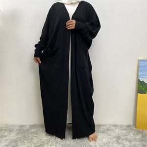 Robe de cardigan Muslim Pockets femmes manches solides chauve-souris robe longue caftan Abaya