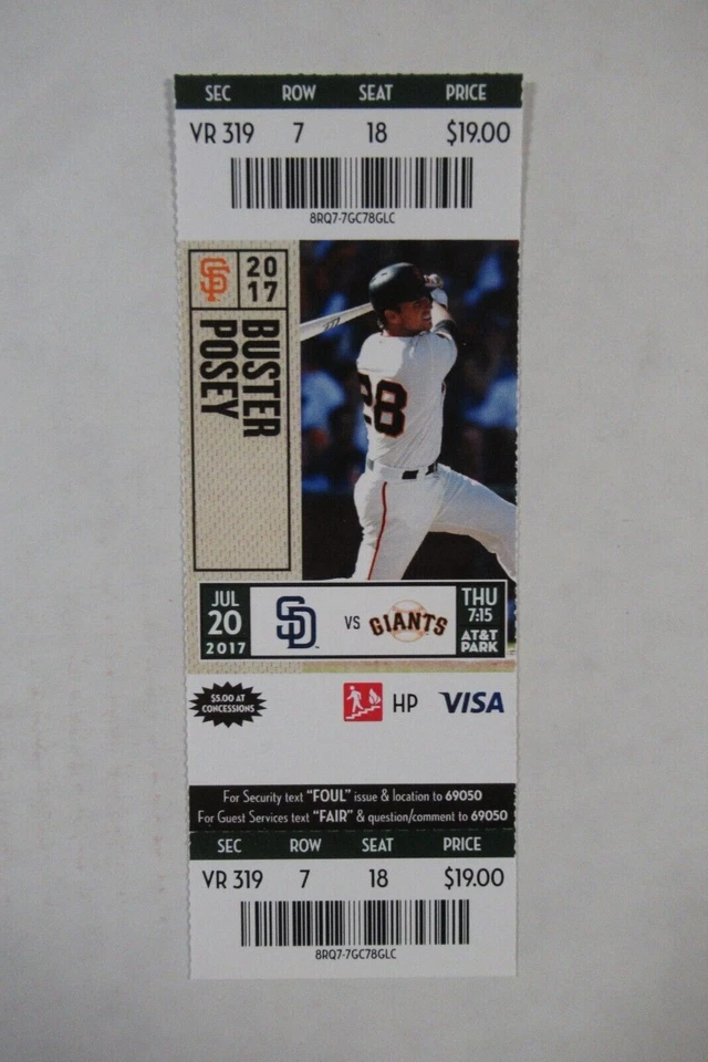 SAN FRANCISCO GIANTS VS SAN DIEGO PADRES 7/20/2017 FULL TICKET ~ BUSTER POSEY - Image 1 of 1