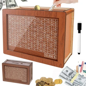 Cash Vault Wooden Savings Box Wood Cash Saver Money Saving Box $10000 Challenge - Picture 1 of 17