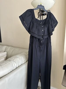 Donna Karan Black Off Shoulder Jumpsuit Elastic Waist Size Large With Pockets - Picture 1 of 8