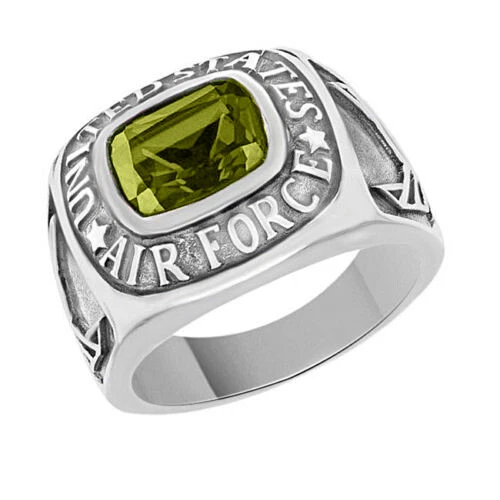 Mens "air force" Ring 14k White Gold Plated 3.76 Ct Simulated Cushion Peridot - Image 1 of 2