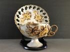 Royal Sealy China Japan Yellow Rose Gold Iridescent Reticulated Tea Cup & Saucer