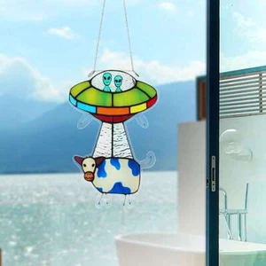UFO Alien Abduct Cow Pendant Stained Acrylic Sun Catcher Window Panel Ornament - Picture 1 of 11