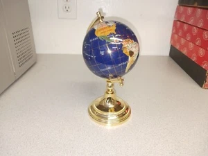 Stunning Lapis Lazuli Gemstone Mini Globe with Gold Tone Stand 6" - Picture 1 of 9