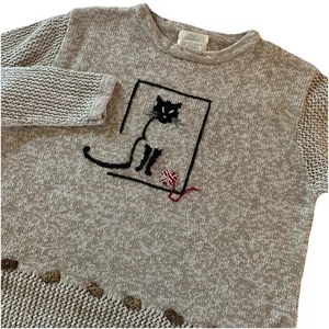 Christopher Banks Embroidered Sweater Women’s Size M Tan & Black Cat w/Yarn Ball - Picture 1 of 16