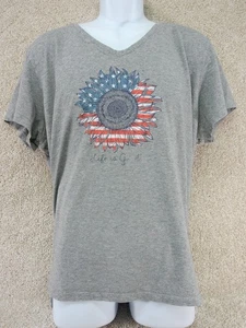 Life Is Good Women’s Patriotic Sunflower Tee Gray XXL V-Neck Casual Shirt - Picture 1 of 13