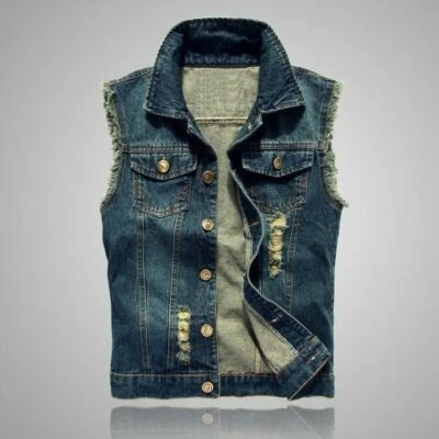 Gilet homme jean vestes sans manches déchiré denim gilet camionneur manteau vieilli - Photo 1/4