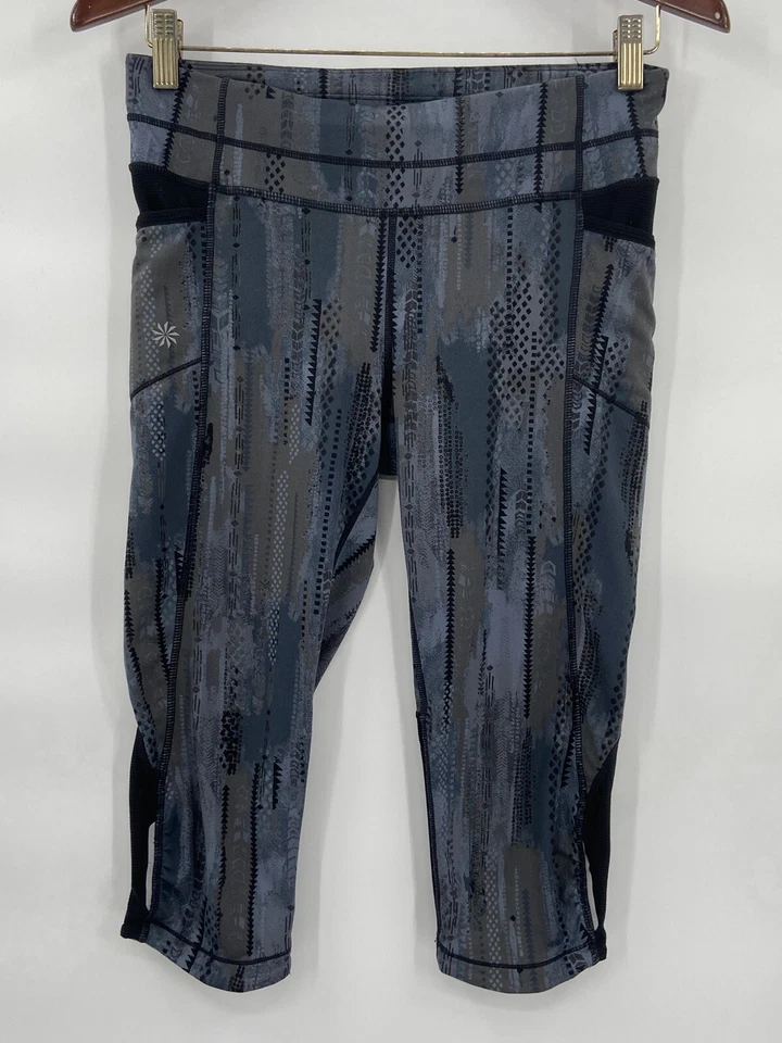 Leggings femininas Athelta S cinza estampa geométrica bolso com zíper elástico elástico - Imagem 1 de 4