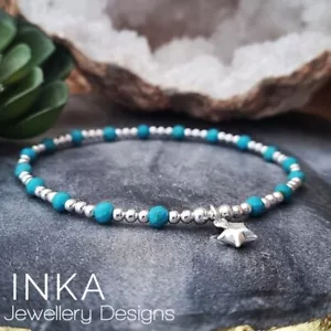 Inka 925 Sterling Silver handmade beaded Anklet with Turquoise and a star charm - Picture 1 of 4