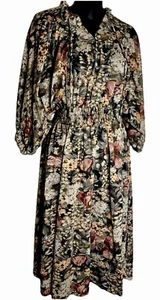 Vintage Sheer Floral 70s /80s Shirr Waist Midi Secretary Dress Size 10 - Picture 1 of 9