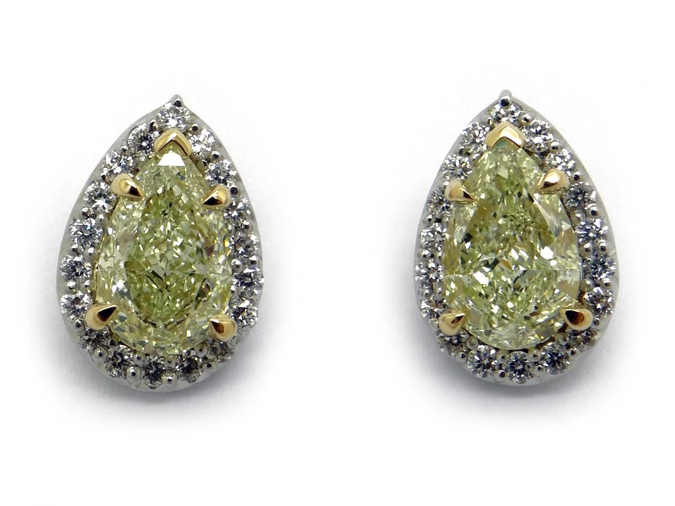 GIA Platinum 18k Gold 2.63ct Fancy Yellow Pear Shape Diamond Halo Stud Earrings - Image 1 of 4