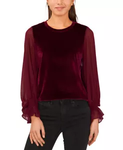 CeCe Women's Long-Sleeve Mixed Media Blouse (Majestic Wine, Small) - Picture 1 of 3
