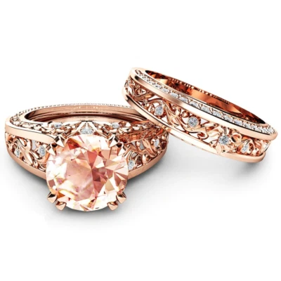 2.9ct Simulated Peach Morganite Engagement Ring 14k Rose Gold Plated Bridal Set - Image 1 of 4
