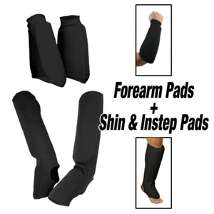 Black Shin and Instep Forearm Pad Sparring Gear TKD Tekwondo Karate Set - Picture 1 of 3