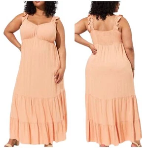 Torrid NWT Maxi Rayon Slub Ruffle Strap Tiered Dress Size 4X V-Neck Peach Pocket - Picture 1 of 7