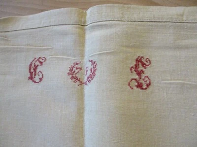 Drap N°149 ancien de milieu en fil de lin monogramme rouge CL71   200 X 315 Cm - Photo 1/4