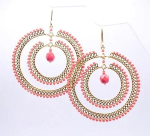 GORGEOUS Coral Salmon Crystals Beads Gold Filled Circle Boho Chandelier Earrings - Picture 1 of 11