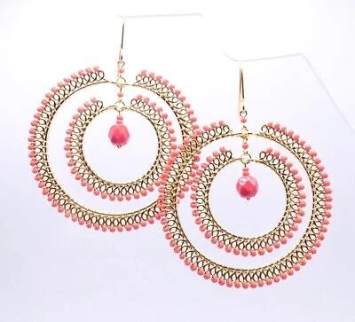 PRECIOSOS Pendientes Araña Boho Círculo Relleno de Oro con Cuentas de Cristales de Salmón Coral Foto 1 de 4