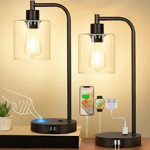 Set of 2 Industrial Touch Control Table Lamps with USB Ports AC Outlet Black - Picture 1 of 7