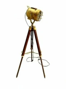 Vintage Nautical Floor Lamp Searchlight Spotlight Wooden Tripod Stand Room Decor - Picture 1 of 7