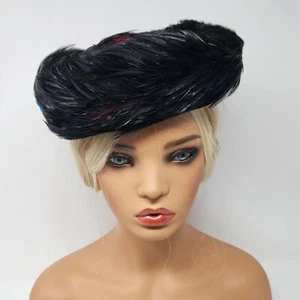 Vintage 1950s Black Feather Womens Pillbox Hat Red & Blue Accents Kentucky Derby - Picture 1 of 6