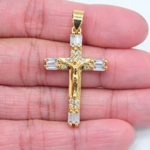 18K Yellow Gold Filled Clear Topaz Baguette Religious Jesus Crucifix Pendant - Picture 1 of 1