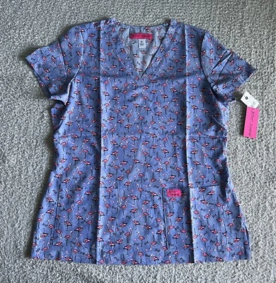 Blusa esfoliante feminina Koi Betsey Johnson tamanho médio azul tropical flamingo enfermagem - Imagem 1 de 4