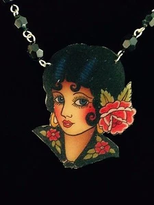 NEW retro/vintage rockabilly Spanish rose tattoo wearable art handmade necklace - Picture 1 of 6