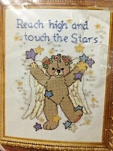 Vtg Dimensions CHEERFUL INSPIRATION Cross Stitch Kit NIP Bear Angel stars 4 x 5"