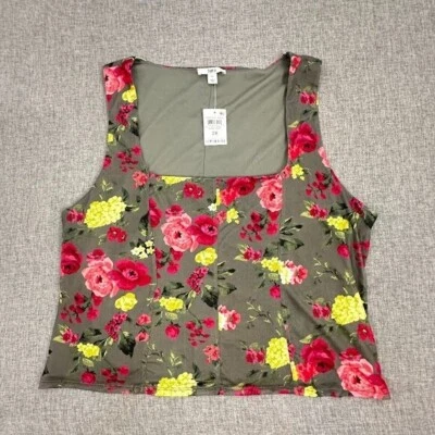 NEW! Bar III Floral Tank Top Plus 2X Reanna Rose Square neck Stretch Polyester & - Image 1 of 4