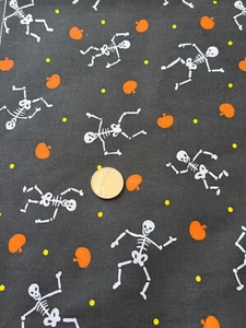 1 Yd Dancing Skeletons & Pumpkins Fabric Halloween Black Background - Picture 1 of 2