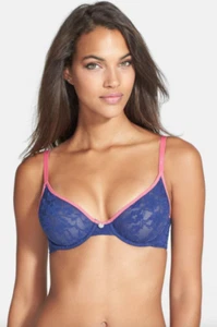 DKNY Signature Lace Navy Unlined Underwire Demi Women's Bra Sz 32B L2011 - Picture 1 of 2