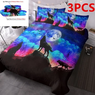 3pcs Wolf Howl Print Duvet Cover Set Evening Moon Wolf Bedding Queen King Size - Image 1 of 4