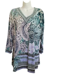 Chico's V-Neck Teal Lavender Paisley Tunic US 2 large fairy soft festival top - Picture 1 of 3