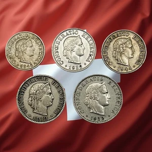 Lot of 5 Old Switzerland 5, 10 & 20 Rappen Coins - Combined Ship - Picture 1 of 2