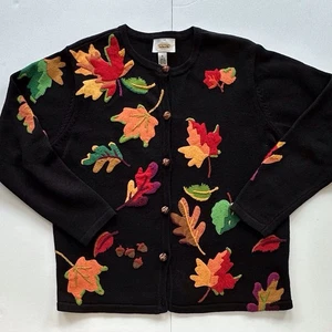 Cárdigan Talbots Negro Bordado Colorido Hojas Otoño Abotonado Mujer’s Mediano - Imagen 1 de 14
