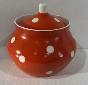 Tarro azucarero de porcelana soviético Dulevo de colección con tapa naranja blanco lunares URSS - Imagen 1 de 21