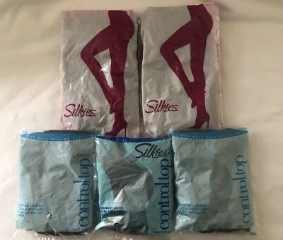 Silkies Queen Size XL Pantyhose 5  Pairs  Control Top Black and Beige Vintage - Image 1 of 4