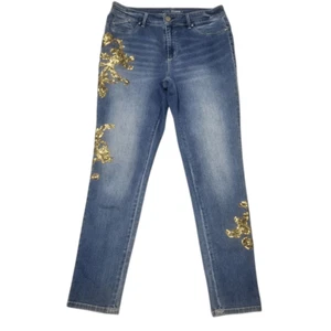 Chico's Jeans Women's Size 8 Platinum Gold Leaf Jeggings Medium Wash - Picture 1 of 12