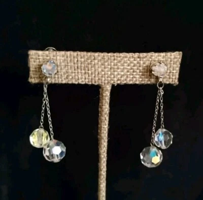 Crystal Bead and Rhinestone  Vintage Earrings Silver Tone Screw Back Unsigned - Image 1 of 4