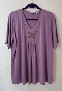 Susan Graver 1X Purple Short Sleeve Embellished Top Blouse Fluid Knit Soft - Picture 1 of 6