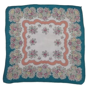 Handkerchief Vintage Top Pocket Square Hanky 1930s 1940s Silk Turquoise Roses - Picture 1 of 12