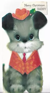 Used Vtg Christmas Card approx 3.5x7" ANTHROPOMORPHIC Gray Puppy w/Vest Hat On - Picture 1 of 3