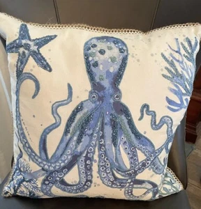 Octopus Print Cotton Throw Pillow Navy Blue 20 x 20 Down Feathers Embroidered - Picture 1 of 2