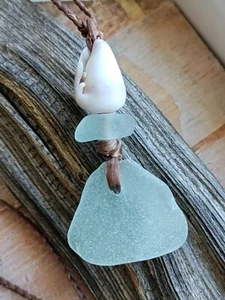 Artisan Sea Glass Necklace Gift Men Women Teen Sinew Braid Hawaiian Cone Shell - Picture 1 of 11